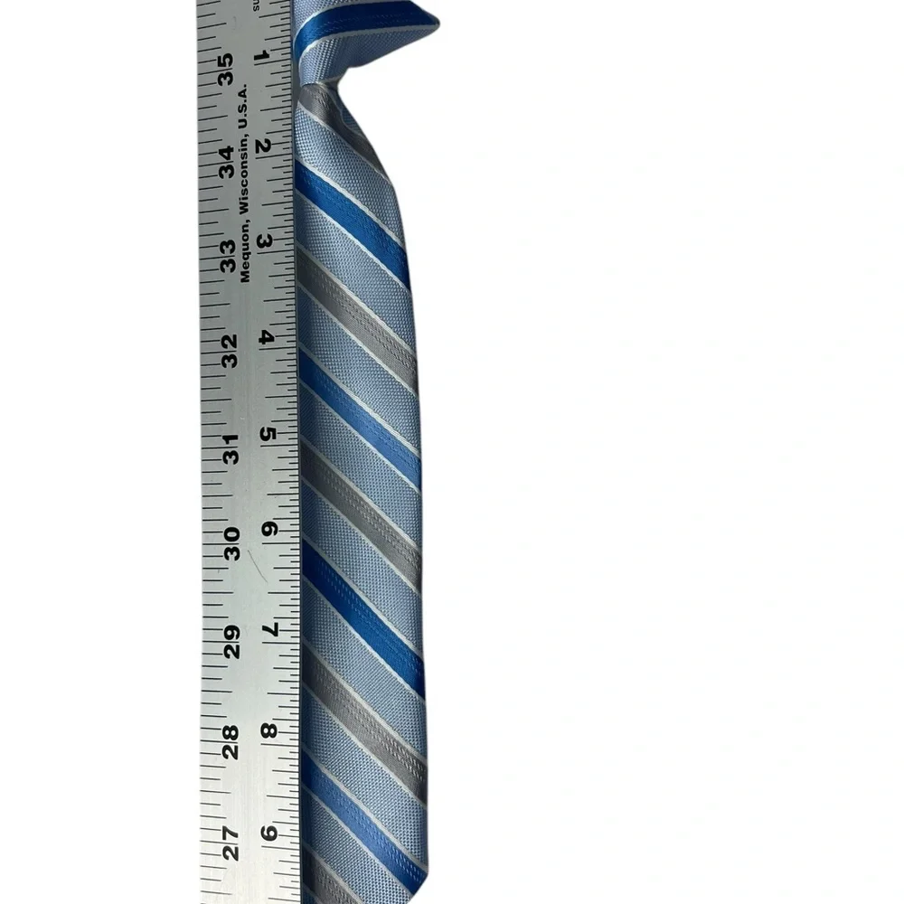 Neck Tie Clip On. For Boys Kids Toddler Size 10” Blue White Silver Stripes